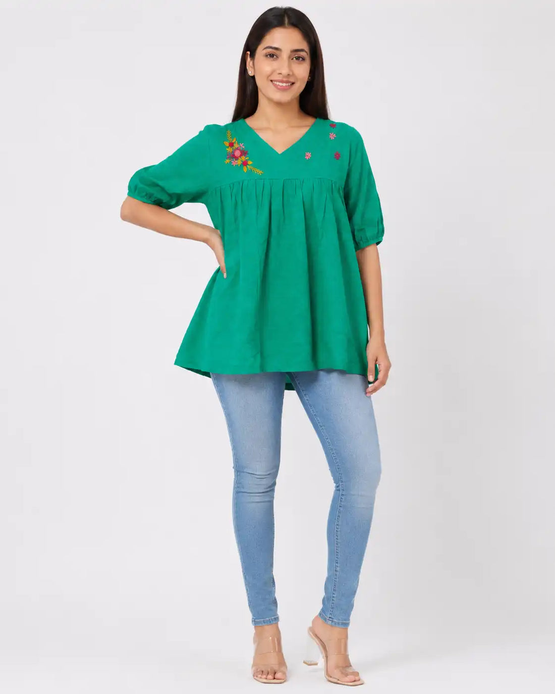 Women's Emerald Green Hand Made Floral Embroidered V-Neck Cotton Blend Top | Casual Ethnic Top for Women