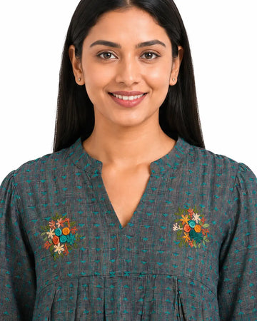 Women's Grey & Turquoise Hand Made Embroidered Cotton Blend A-Line Kurti Top | Casual Ethnic Tunic for Women