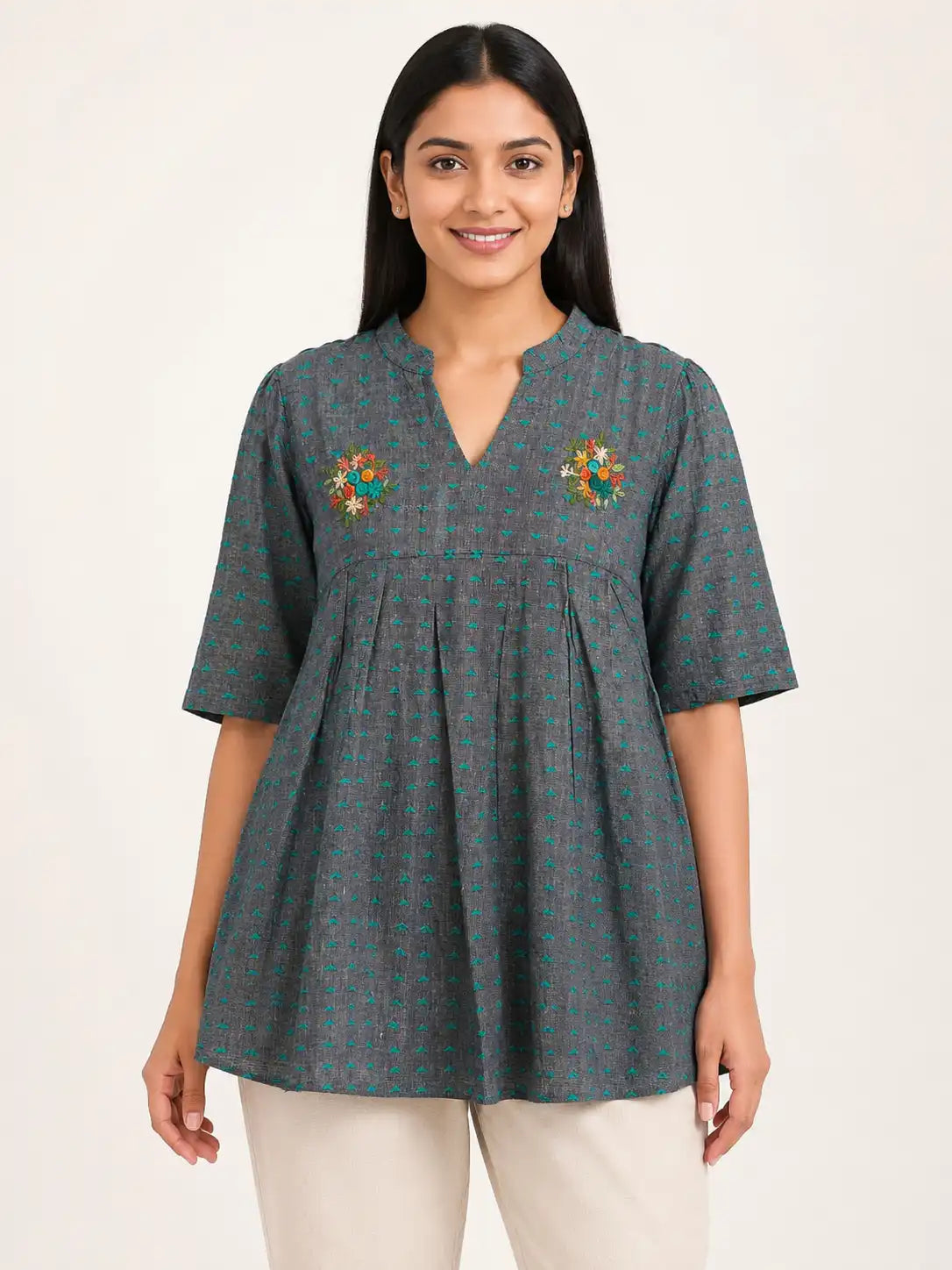 Women's Grey & Turquoise Hand Made Embroidered Cotton Blend A-Line Kurti Top | Casual Ethnic Tunic for Women
