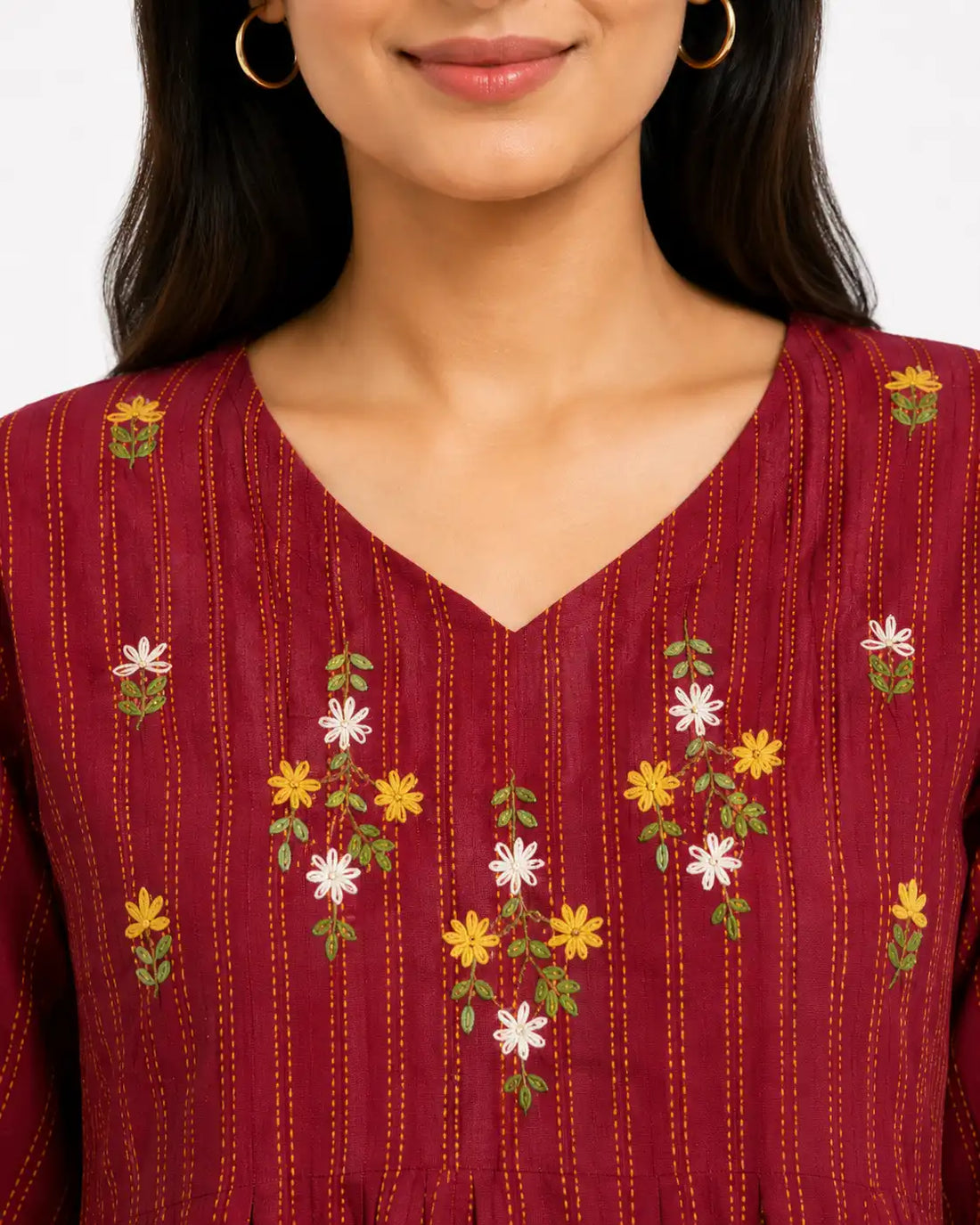 Women's Maroon Floral Hand Made Embroidered A-Line Kurti Dress | Cotton Blend Ethnic Dress for Women