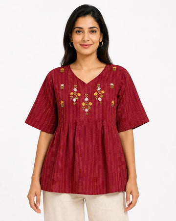 Women's Maroon Floral Hand Made Embroidered A-Line Kurti Dress | Cotton Blend Ethnic Dress for Women