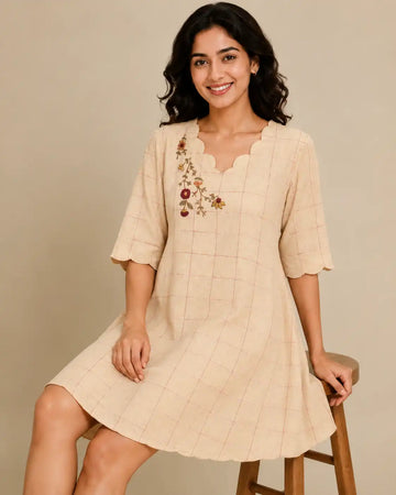 Women's Beige Hand Made Embroidered Checked A-Line Kurti Dress | Cotton Blend Ethnic Dress for Women