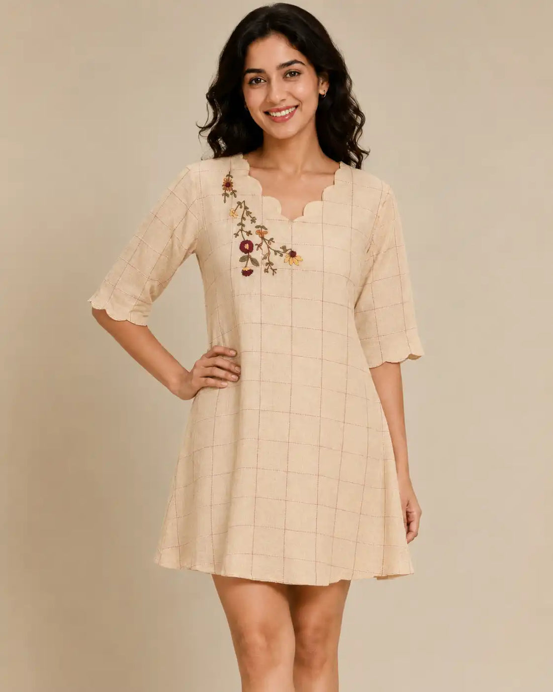 Women's Beige Hand Made Embroidered Checked A-Line Kurti Dress | Cotton Blend Ethnic Dress for Women