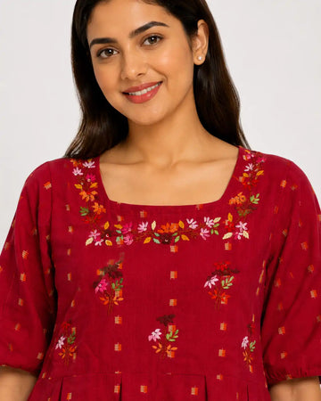 Women's Maroon Floral Hand Made Embroidered Peplum Top | Cotton Blend Ethnic Casual Top for Women