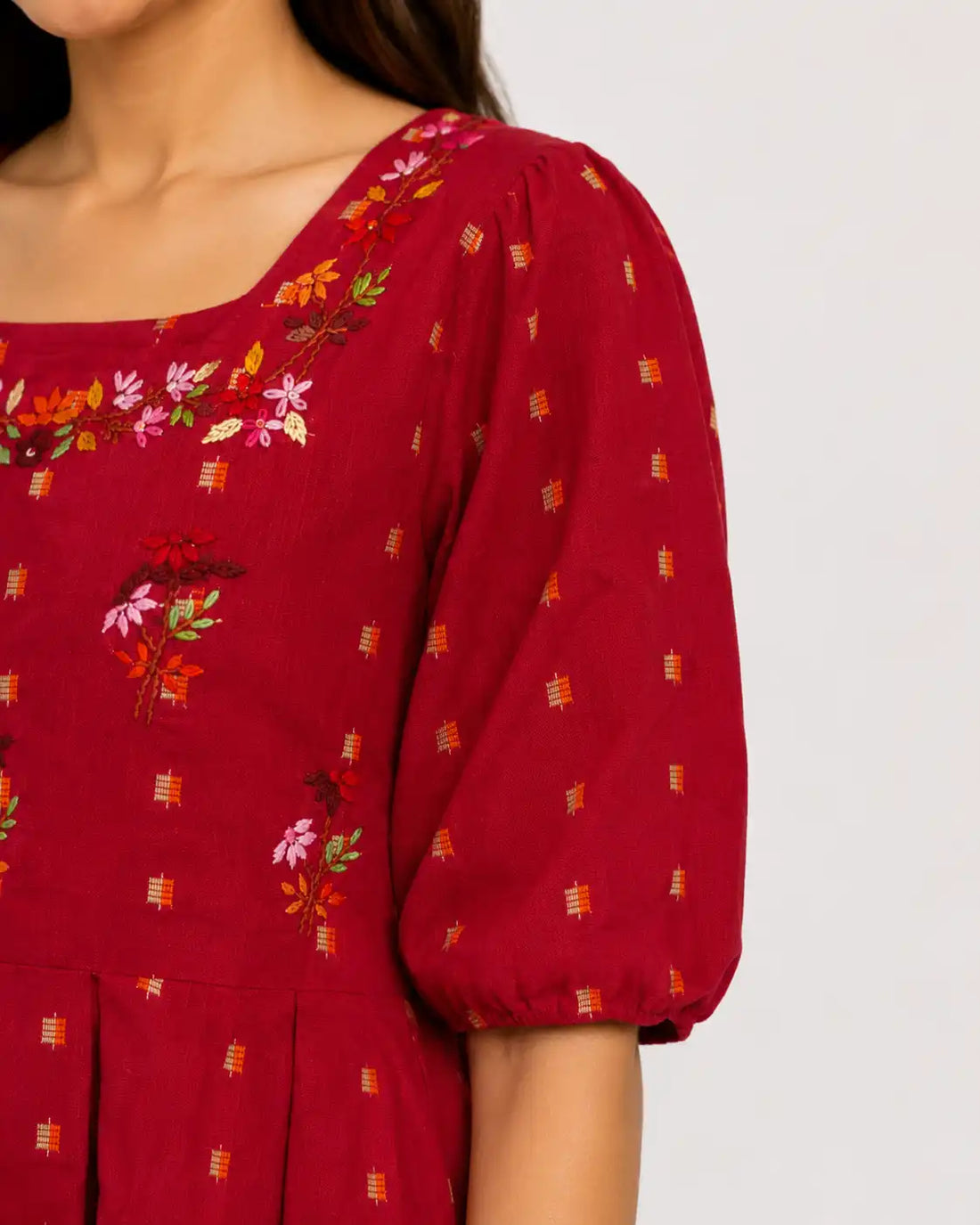 Women's Maroon Floral Hand Made Embroidered Peplum Top | Cotton Blend Ethnic Casual Top for Women