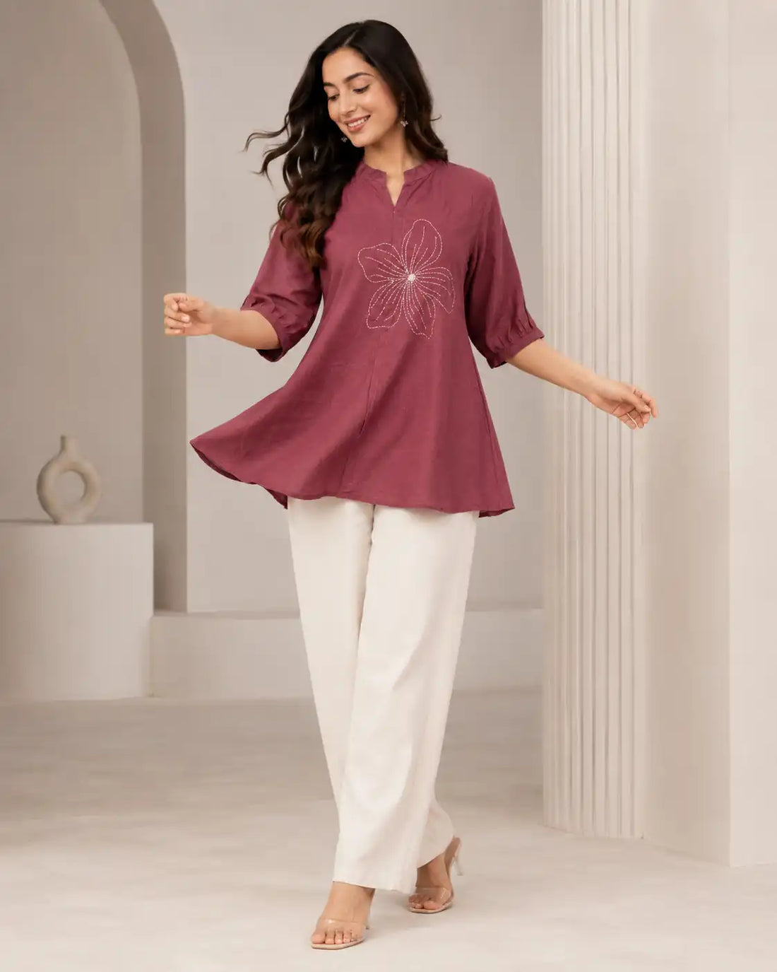 Women's Mauve Floral Hand Embroidered Flared Top | Casual Ethnic Top with Mandarin Collar