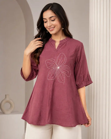Women's Mauve Floral Hand Embroidered Flared Top | Casual Ethnic Top with Mandarin Collar