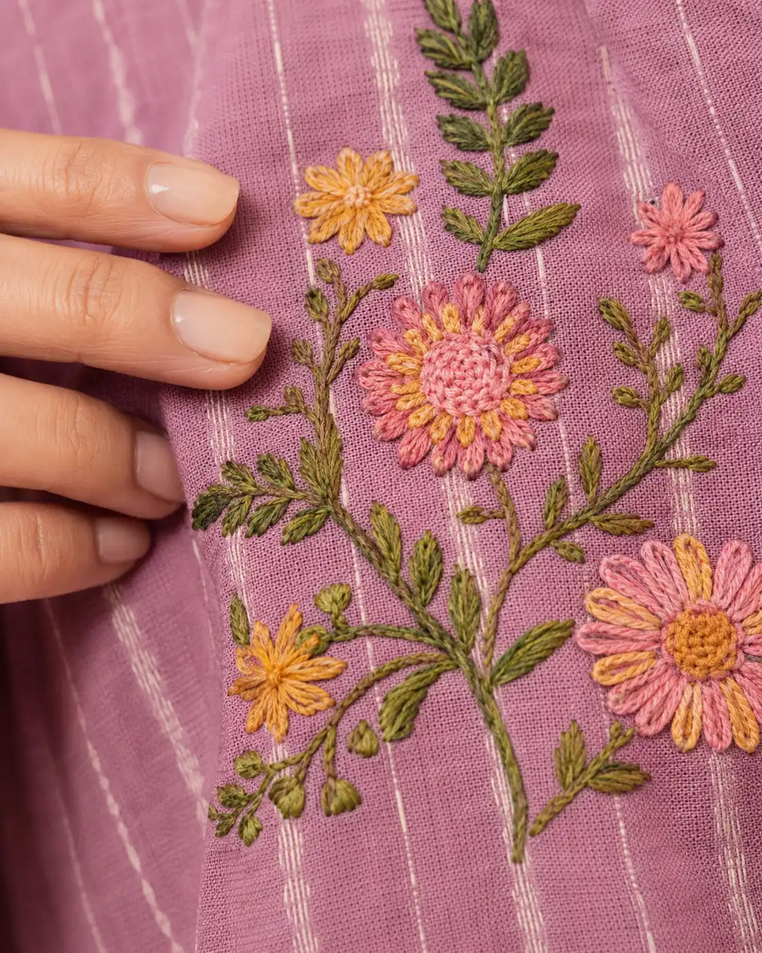 Women's Mauve Pink Floral Hand Embroidered Wrap Style Kurti Top | Casual Ethnic Cotton Blend Top