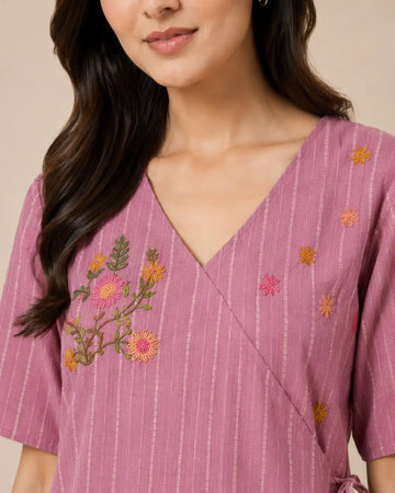 Women's Mauve Pink Floral Hand Embroidered Wrap Style Kurti Top | Casual Ethnic Cotton Blend Top