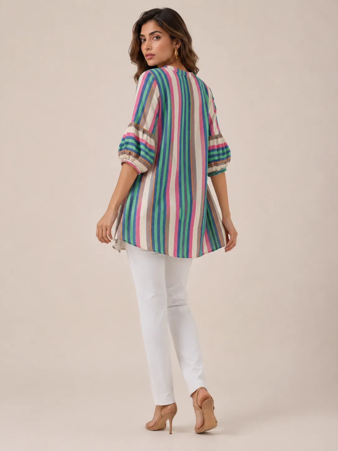 Women's Multicolor Striped Hand Embroidered Kurti with Bell Sleeves | Casual Ethnic Tunic Top