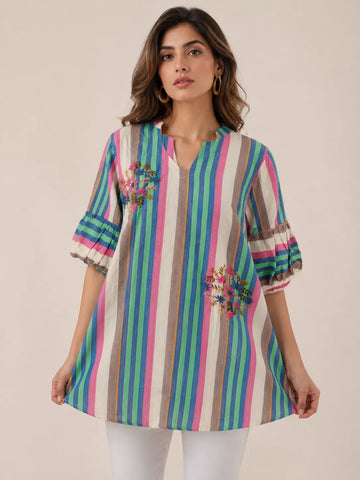 Women's Multicolor Striped Hand Embroidered Kurti with Bell Sleeves | Casual Ethnic Tunic Top