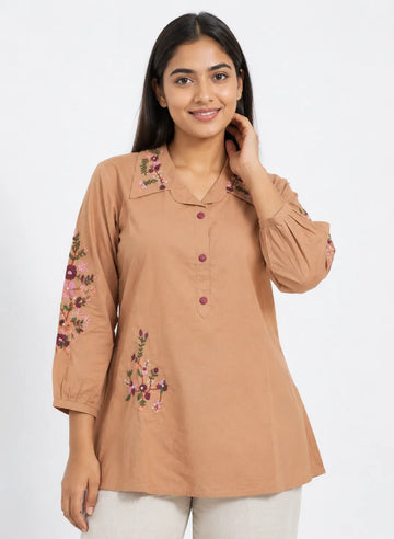 Women's Peach Hand Made Floral Embroidered Collared Cotton Kurti | Full Sleeve Casual Ethnic Top