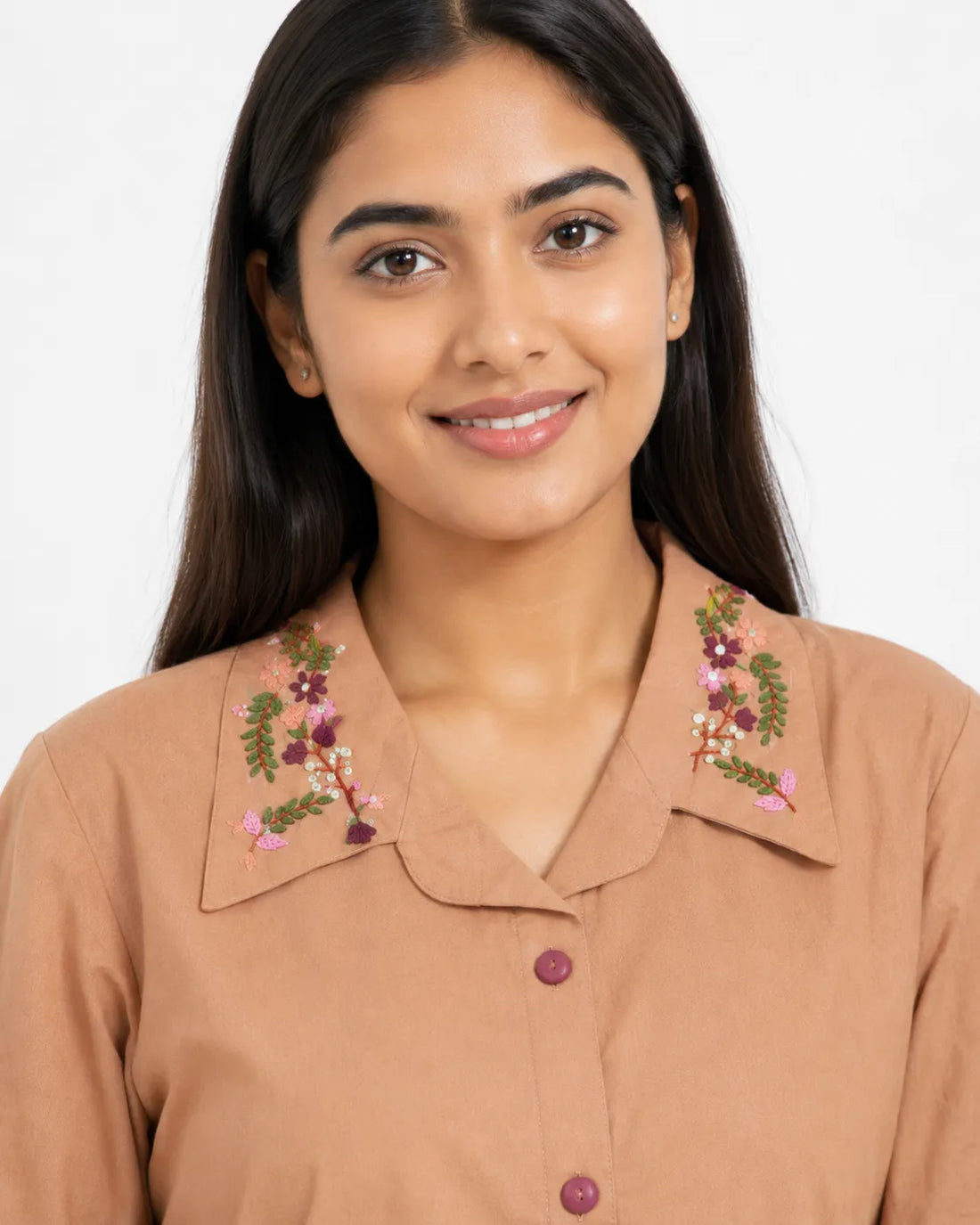 Women's Peach Hand Made Floral Embroidered Collared Cotton Kurti | Full Sleeve Casual Ethnic Top