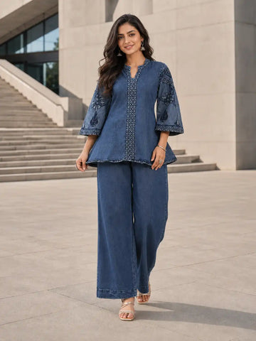 Women's Premium Blue Cotton Embroidered Co-Ord Set with V-Neck Top & Wide Leg Pants
