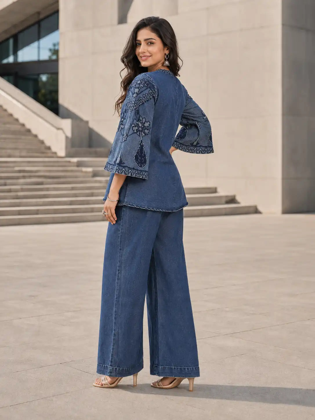 Women's Premium Blue Cotton Embroidered Co-Ord Set with V-Neck Top & Wide Leg Pants