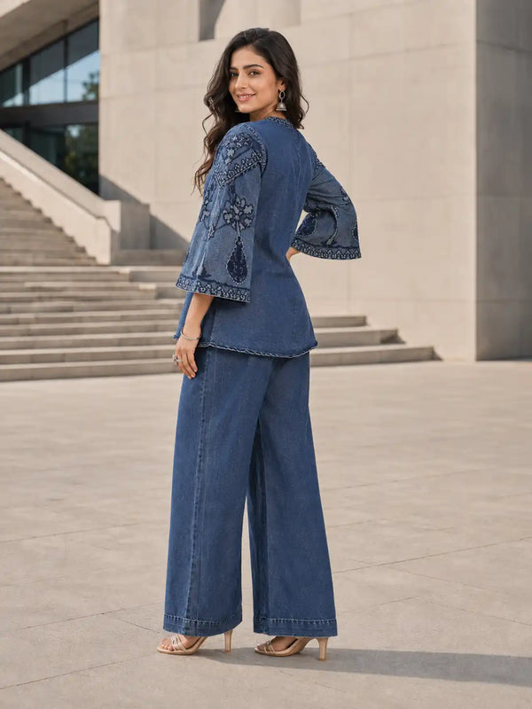 Women's Premium Blue Cotton Embroidered Co-Ord Set with V-Neck Top & Wide Leg Pants