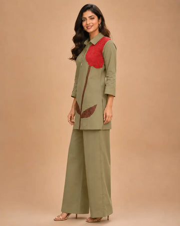 Women's Premium Olive Green Flex Cotton Floral Print Co-Ord Set with Straight Kurta & Wide Leg Pants