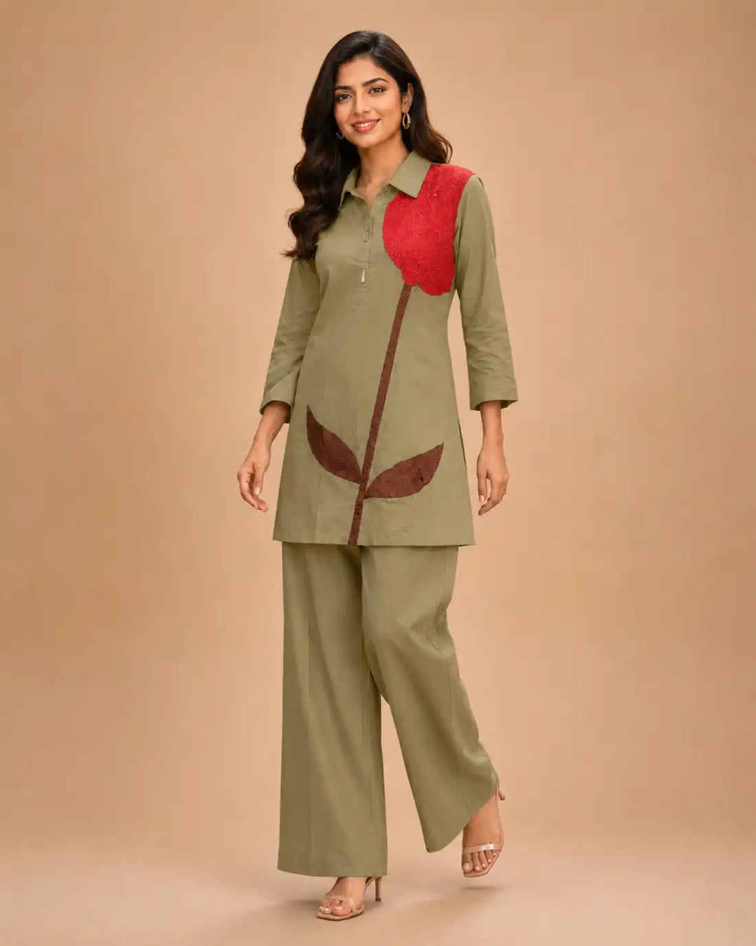 Women's Premium Olive Green Flex Cotton Floral Print Co-Ord Set with Straight Kurta & Wide Leg Pants