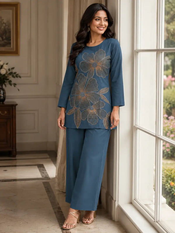 Women’s Premium Teal Blue Cotton Co-Ord Set with Floral Embroidery