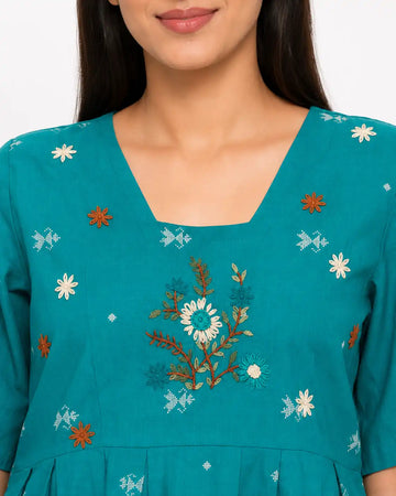 Women's Turquoise Blue Hand Made Floral Embroidered Peplum Cotton Blend Top | Half Sleeve Casual Ethnic Top