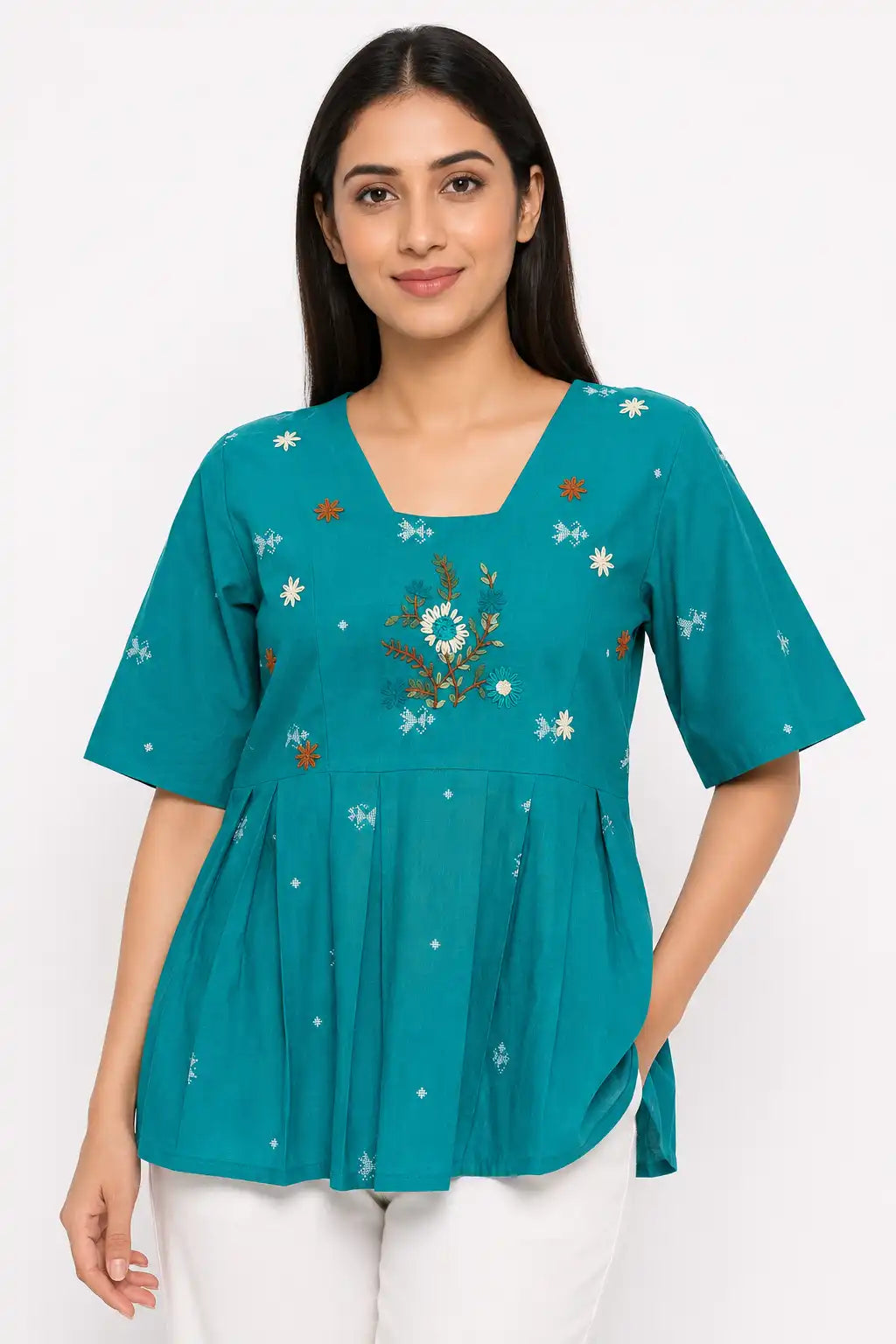 Women's Turquoise Blue Hand Made Floral Embroidered Peplum Cotton Blend Top | Half Sleeve Casual Ethnic Top