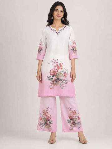 Women's White & Pink Premium Linen Floral Kurta Pant Set