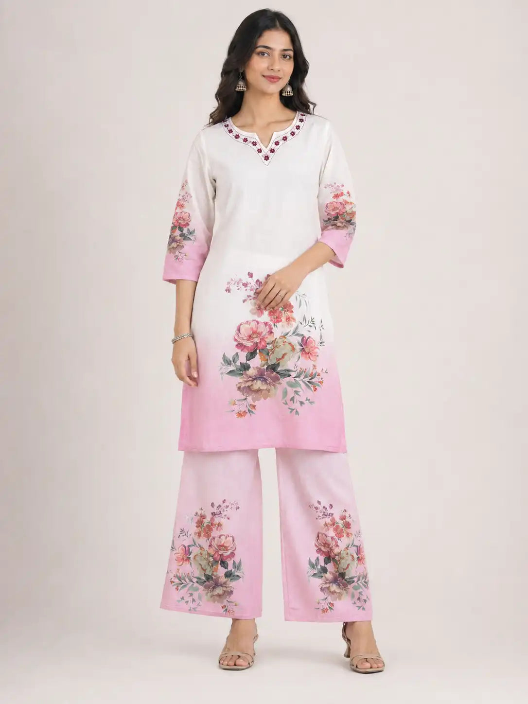 Women's White & Pink Premium Linen Floral Kurta Pant Set