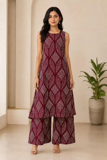 Women's Wine Premium Linen Printed Co-Ord Set with Sleeveless Top & Wide Leg Pants