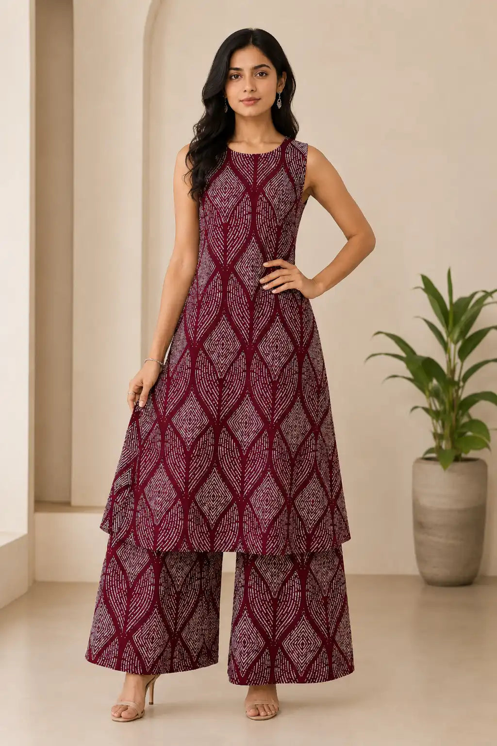 Women's Wine Premium Linen Printed Co-Ord Set with Sleeveless Top & Wide Leg Pants