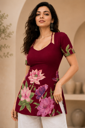 Women's Floral Print Maroon Tunic Top | Elegant Designer Casual Kurti
