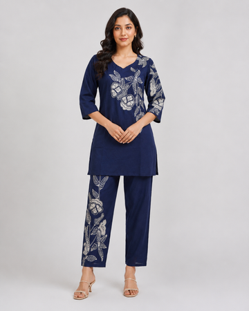 Navy Blue Embroidered Cotton Kurti Pant Co-Ord Set for Women