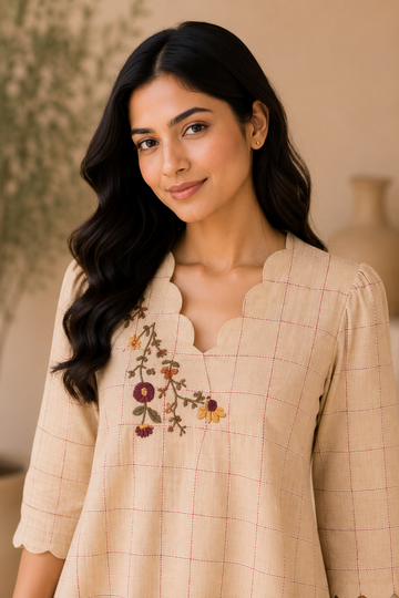 Girls Embroidered Checked A-Line Kurti Dress – Beige Cotton Blend Ethnic Wear for Kids
