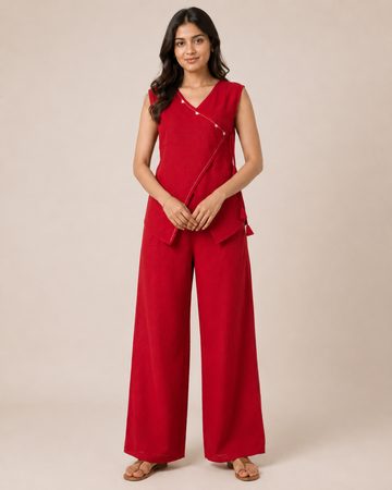 Women’s Red Angrakha Co-Ord Set with Relaxed Wide-Leg Pants in Flex Cotton
