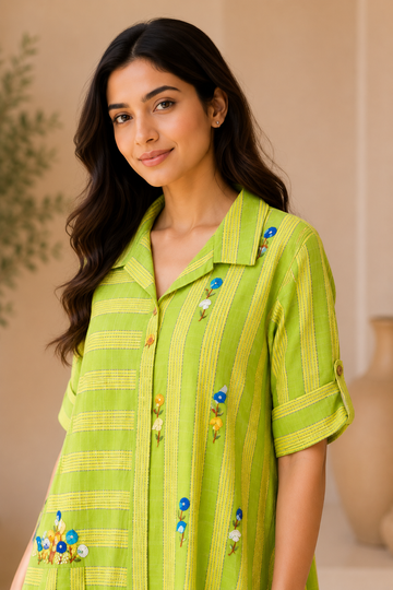 Women's Lime Green Striped Embroidered Collared Kurti | Stylish Casual Ethnic Top
