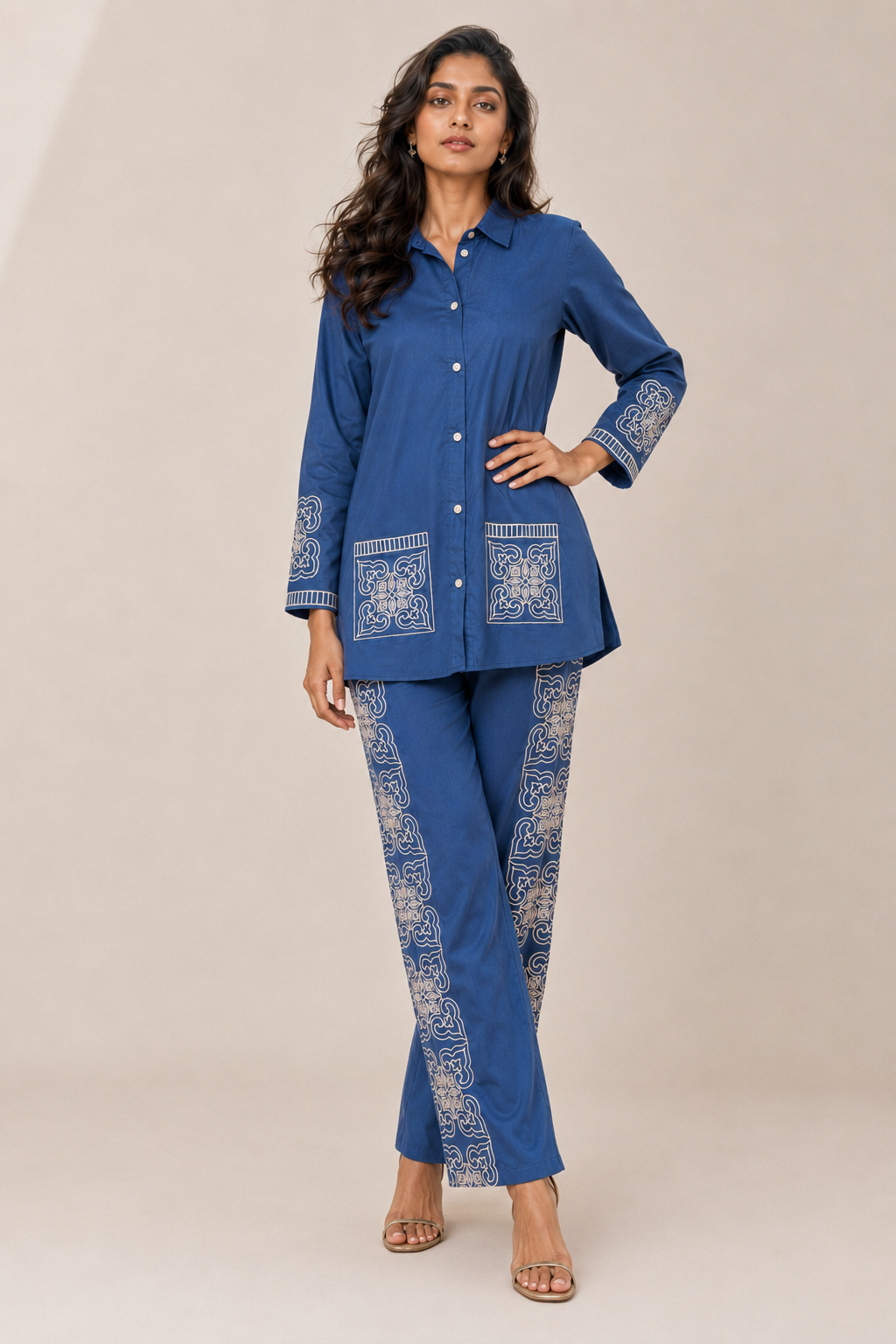 Women's Blue Denim Embroidered Co-Ord Set with Collared Shirt & Wide-Leg Palazzo Pants