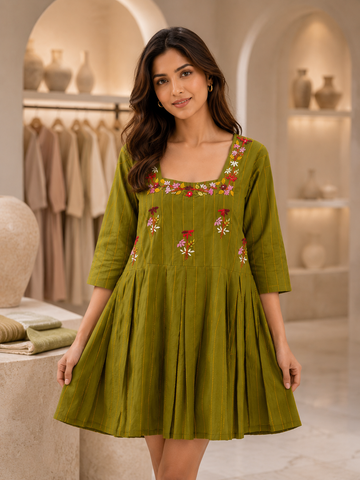Olive Green Pleated Tunic Dress with Floral Embroidery