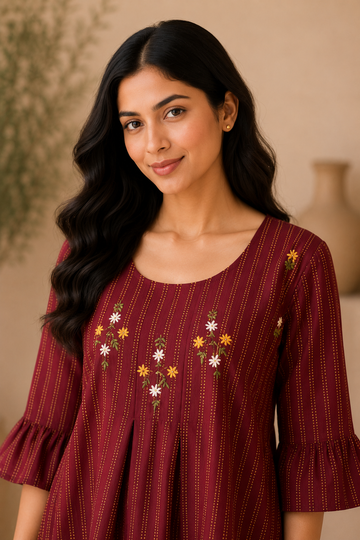 Girls Floral Embroidered A-Line Kurti Dress – Maroon Cotton Blend Ethnic Wear for Kids